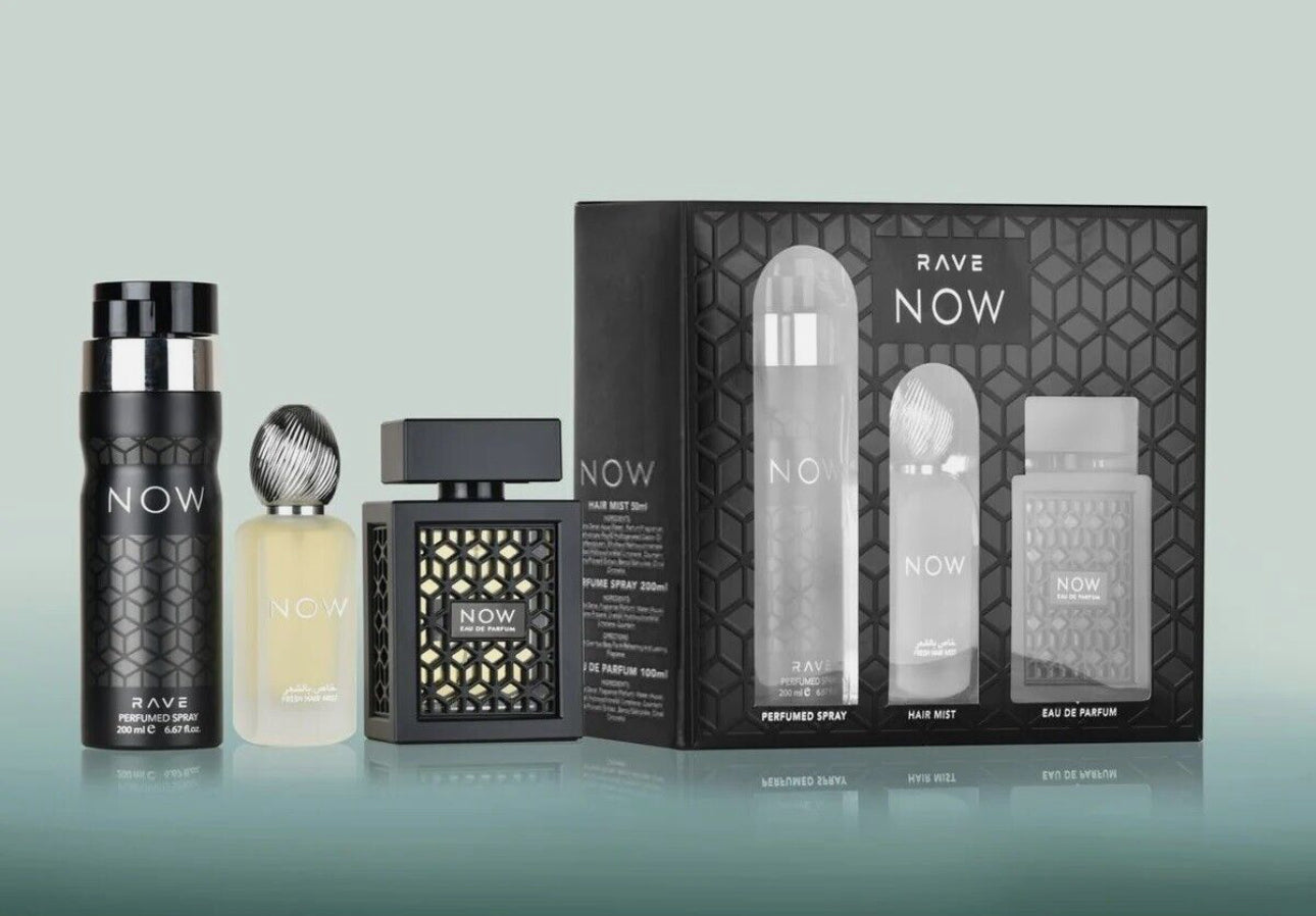 SET LATTAFA RAVE NOW BLACK MEN (3 PIEZAS) 3.4 OZ EDP / 6.8 OZ PERFUME SPY / 1.7 OZ BRUMA PARA EL CABELLO