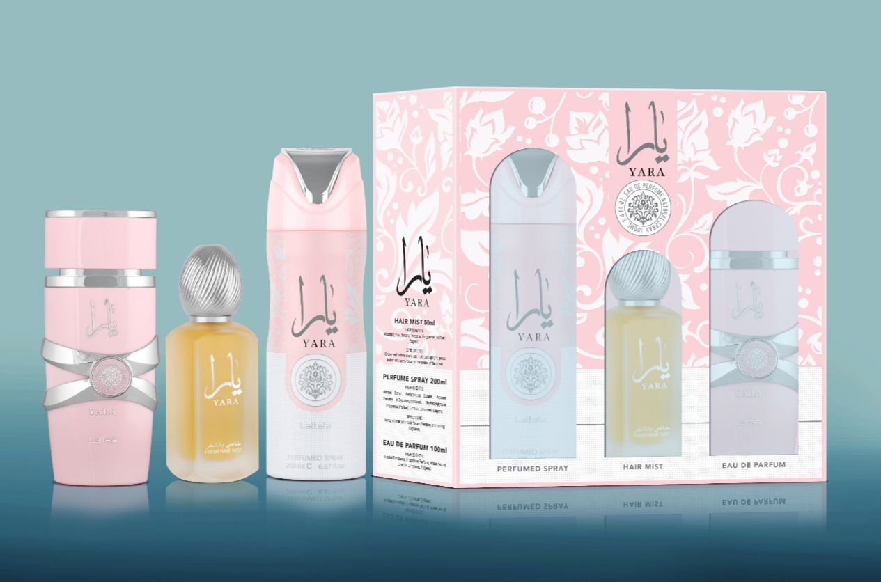 SET LATTAFA YARA MUJER (3 PIEZAS) 3.4 OZ EDP / 6.8 OZ PERFUME SPY / 1.7 OZ BRUMA PARA EL CABELLO