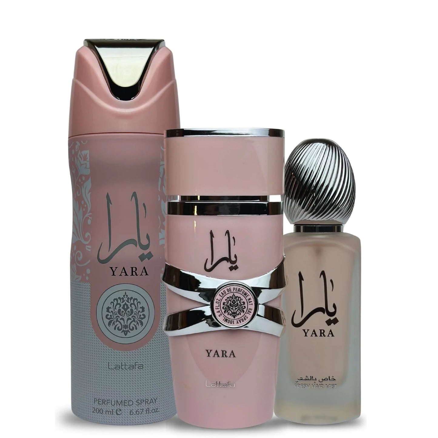 SET LATTAFA YARA MUJER (3 PIEZAS) 3.4 OZ EDP / 6.8 OZ PERFUME SPY / 1.7 OZ BRUMA PARA EL CABELLO
