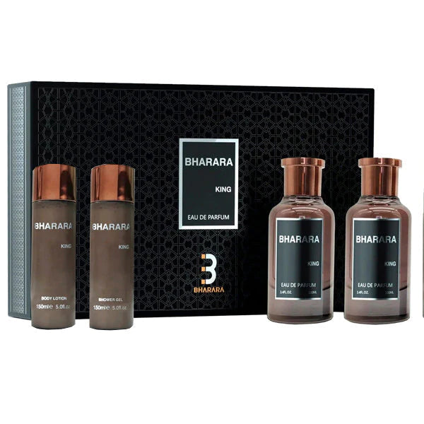 Bharara King Set de regalo de 4 piezas para hombres EDP 3.3 oz + After Shave + Loción + Gel