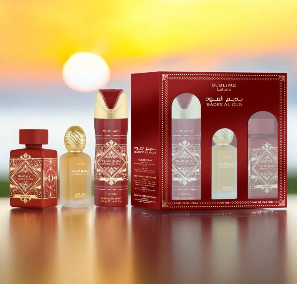 SET LATTAFA BADEE AL OUD SUBLIME UNISEX (3 PIEZAS) 3.4 OZ EDP / 6.8 OZ PERFUME SPY / 1.7 OZ BRUMA PARA EL CABELLO