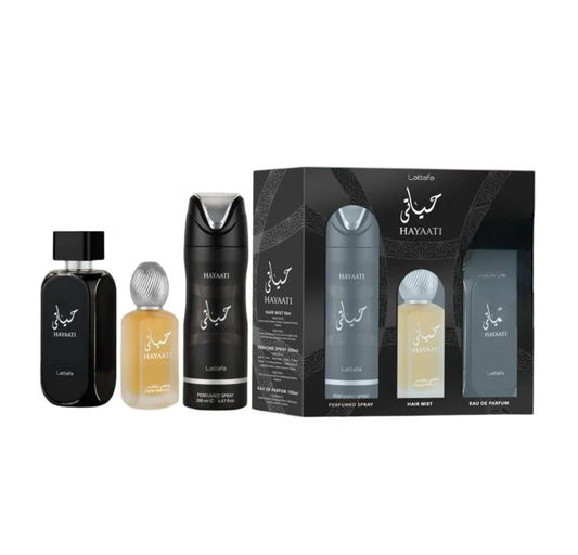 HAYAATI BLACK GIFT SET 3 PIECE Perfumed Spray + Hair Mist + 3.4oz Eau de Parfum